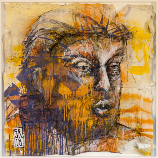 Donald Trump - über:FLÜSSIG - Sigurd Roscher - mixed media auf gemischten Stoffen in Objektrahmen 80 cm x 80 cm - Ausstellung im Kunsthaus Obernberg am Inn 2018