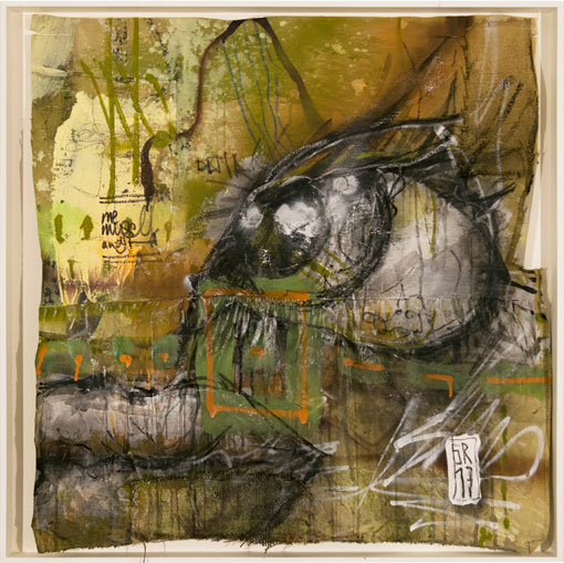 Ohne Titel - Bildserie "grün braun orange" - mixed media auf verschiedenen Stoffen - 80 cm x 80 cm im Objektrahmen - Sigurd Roscher 2017